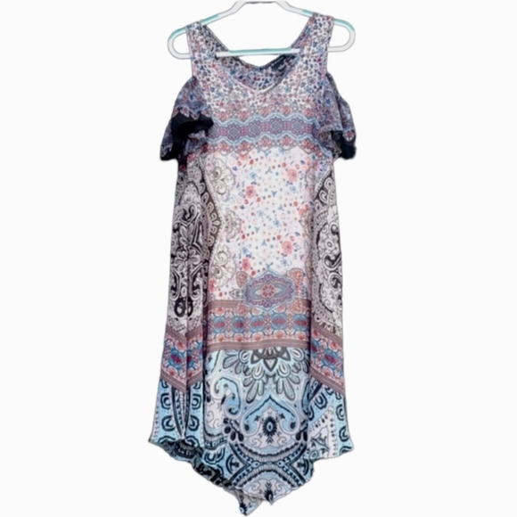 new directions Dresses & Skirts - New Directions Boho Cold Shoulder Ditsy Floral Slipon Dress S Very Sheer…